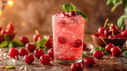 Wall Mural - A glass of cherry soda with ice and basil garnish sits on a rustic wooden table surrounded by fresh cherries and basil.