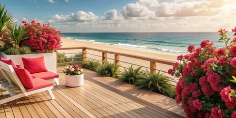 Wall Mural - Generative ai. wooden beach deck, comfortable white lounge chairs with red cushions, vibrant pink flowers, lush greenery, golden sand beach, turquoise ocean waves, clear blue sky with fluffy clouds