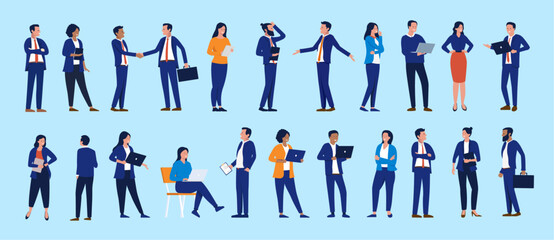 Fototapete - Businesspeople illustrations collection - Set of office working people using laptop computer and devices, standing, talking and working in various poses. Flat design side view vector characters
