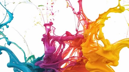Poster - Colorful paint splashes and droplets burst outwards from a central point against a white background.