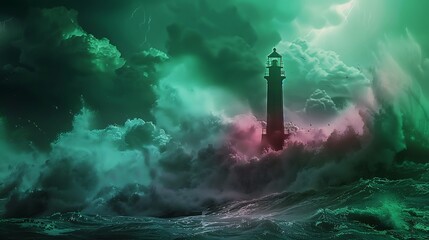 Simple lighthouse in a tempest, turbulent sea, bold green and pink, ultra HD quality