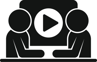 Poster - black and white icon of two business people having a business meeting and watching a video tutorial