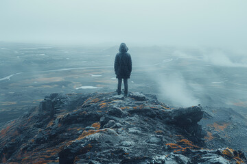 Canvas Print - A lone figure standing on a hill overlooking a barren wasteland, signifying isolation. Concept of loneliness and desolation. Generative Ai.