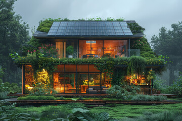 Poster - a solar-powered home surrounded by greenery, symbolizing eco-friendly living. concept of sustainabil