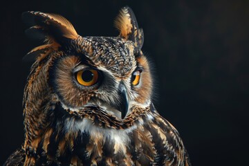 Poster - Close-up image of an owl with bright yellow eyes, sitting on a surface