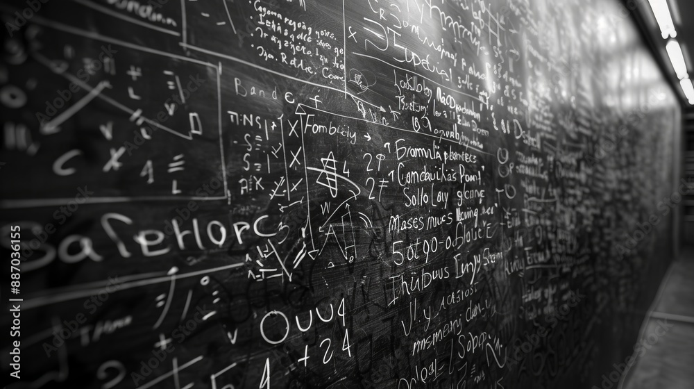 A detailed chalkboard filled with complex mathematical equations and ...