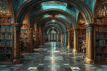 Poster - A serene library filled with rows of books, representing knowledge and peace. Concept of education and quiet reflection. Generative Ai.