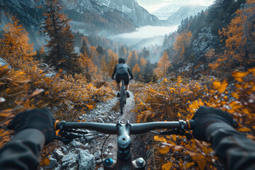 Canvas Print - A cyclist racing down a mountain trail, capturing adrenaline and adventure. Concept of outdoor sports and thrill-seeking. Generative Ai.