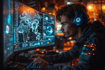 Poster - A coder writing software in a high-tech office, representing innovation. Concept of technology and development. Generative Ai.