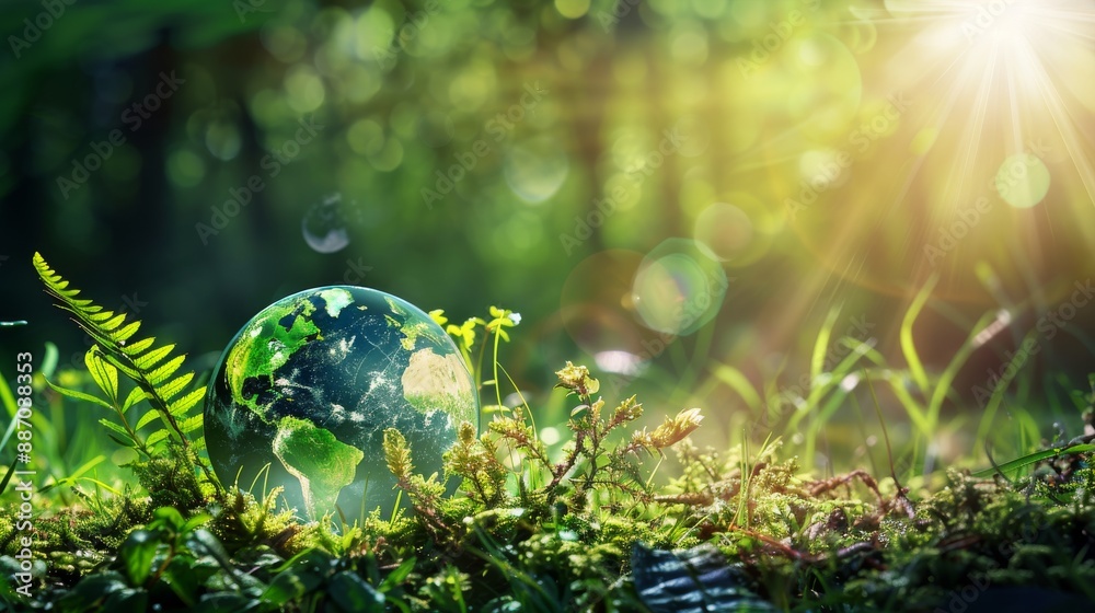Glass globe representing the Earth is placed in a green forest ...