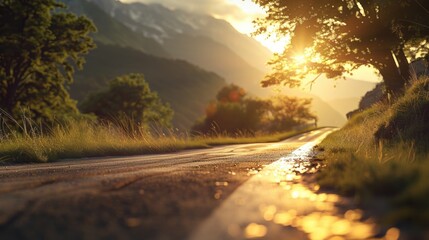 Canvas Print - A mountain road with a beautiful sunset in the background