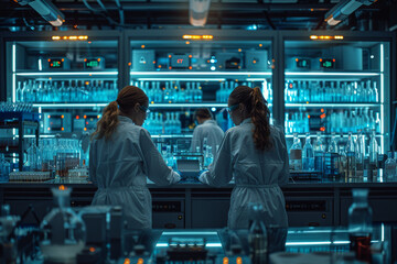Poster - a high-tech laboratory with scientists conducting groundbreaking experiments. concept of research an