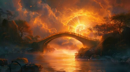 Majestic heavenly bridge, glowing with divine light, spanning over a tranquil celestial river, symbolizing the connection between realms