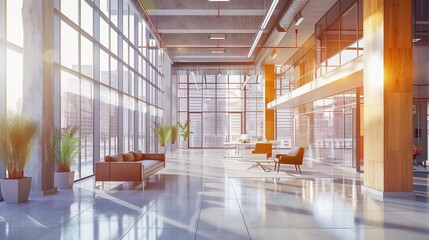 Poster - A large and open industrial-style office featuring expansive windows, plenty of natural light, modern furniture, and minimalist design, creating an inspiring work environment.