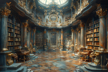 Wall Mural - An ancient library filled with towering bookshelves and mystical tomes. Concept of knowledge and mystery. Generative Ai.