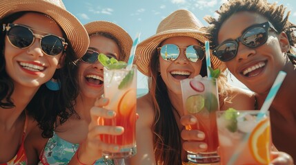 Group of friends wearing sun hats and holding colorful cocktails with straws, enjoying a sunny day at the beach, representing fun, relaxation, and summer vibes.