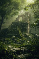 Aufkleber - A stone structure stands amidst a dense forest, surrounded by trees and foliage