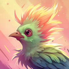 Colorful cartoon bird with feathers glowing in the sun and big eyes on a pastel background
