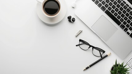 Wall Mural - Desk arrangement with a laptop eyeglasses earphones pen and a coffee cup Top view with space for text