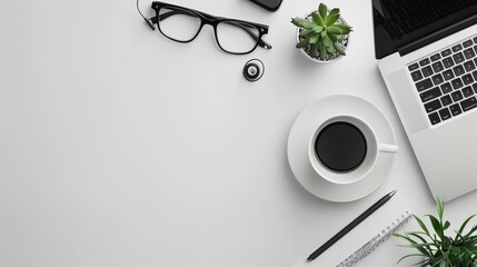 Wall Mural - Desk arrangement with a laptop eyeglasses earphones pen and a coffee cup Top view with space for text