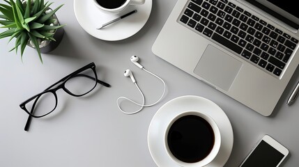 Wall Mural - Desk arrangement with a laptop eyeglasses earphones pen and a coffee cup Top view with space for text