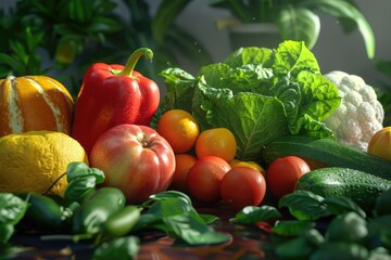 Poster - A colorful array of fruits and vegetables on a wooden table, ideal for use in food styling or as a prop for photography