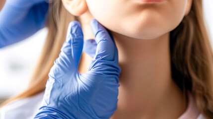 Doctor examining patient's neck for thyroid issues with gloves on