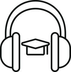 Poster - line art style icon of headphones with a graduation hat, representing the concept of online educatio