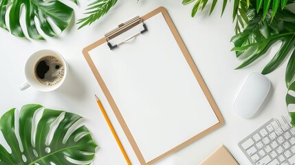 Wall Mural - Flat lay top view of an office table desk featuring a blank clipboard keyboard office supplies pencil green leaf and coffee cup on a white background