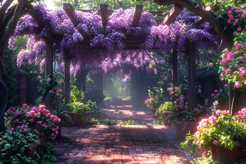 Wall Mural - Wisteria vines cascade down pergolas, creating a dreamy purple canopy. Concept of architectural beauty enhanced by nature. Generative Ai.