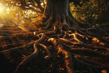 Poster - A large tree with its roots spreading out in a landscape setting