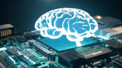 Poster - A glowing digital brain hovers over a complex circuit board, illustrating the concept of artificial intelligence.