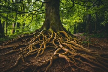 Poster - A large tree's roots spread out across the forest floor, surrounded by lush greenery