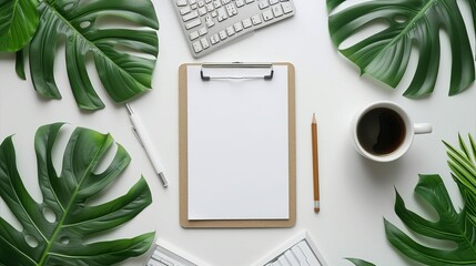 Wall Mural - Flat lay top view of an office table desk featuring a blank clipboard keyboard office supplies pencil green leaf and coffee cup on a white background