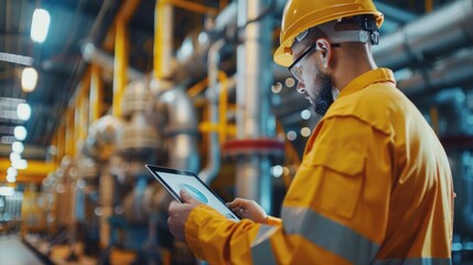 Poster - A man in a yellow jacket is looking at a tablet while wearing a hard hat