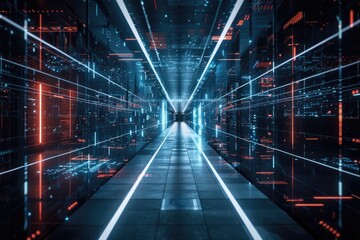 Poster - A person walks through a colorful tunnel of lights