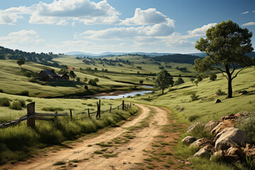 Poster - A deserted country road winding through rolling hills, enveloped in the hush of the countryside. Concept of rural stillness and open space. Generative Ai.