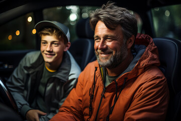 Poster - A father giving his teenager driving lessons, calmly instructing them as they navigate the road. Concept of trust-building and milestone moments. Generative Ai.