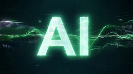 Poster - A glowing, green AI logo, surrounded by digital static, against a dark background.