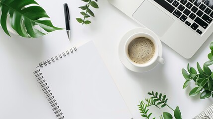 Wall Mural - Office desk with a white table featuring a blank notebook computer supplies and a coffee cup Top view with space for text Flat lay composition