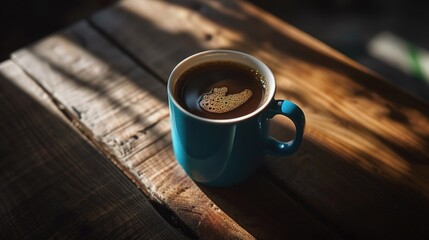 Aufkleber - A single serving of coffee sitting on top of a wooden table, perfect for a morning pick-me-up or a break at work