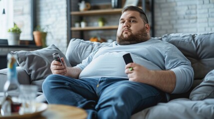 Poster - A man with a beard is sitting on a couch holding a remote control