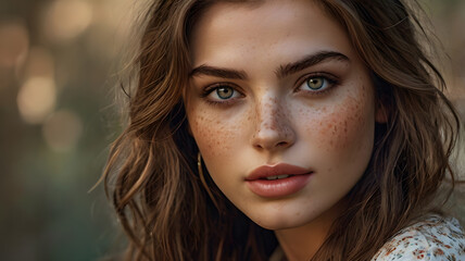 Wall Mural - ultrarealistic long full face and body photorealistic image of a with a  23-year-old girl with a lovely face, featuring deep hazel eyes that captivate anyone who meets them. Her brown hair