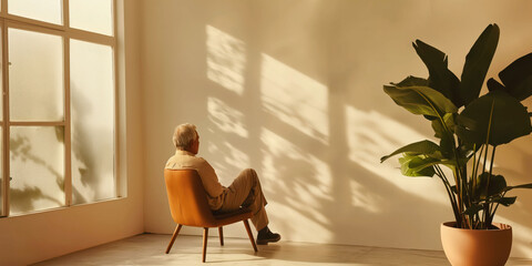 Elderly man sitting in sunlight on chair near window, large green plant indoors, warm and calm atmosphere, relaxed old man by window, tranquility concept