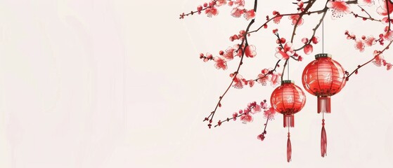 A banner with two red lanterns hanging from a tree branch