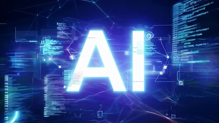 Poster - A glowing white AI text is displayed against a dark blue background with digital lines and wavy patterns.
