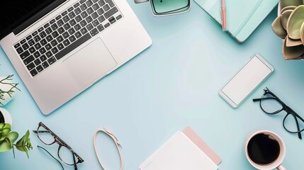Wall Mural - Top view of office essentials including a notepad laptop coffee cup mouse pad and mobile phone with a blank screen Copy space available on the desk workspace