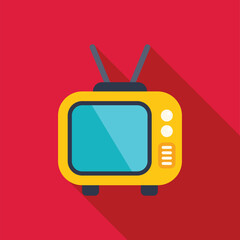 Poster - old fashioned yellow television set with rabbit ear antennas is displaying a blue screen on a vibran