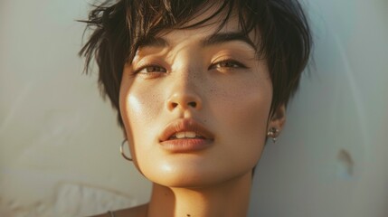 Canvas Print - Close Up Portrait of a Woman With Short Dark Hair, Looking Up at the Camera