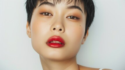 Wall Mural - Close Up Portrait of a Young Woman With Short Black Hair and Red Lipstick